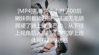 [MP4]扎着两个小辫子00后嫩妹侧着舔舒服，逼逼无毛舔屌硬了骑上来自己动，从下往上视角后入抽插，搞完穿上连体网袜自摸诱惑